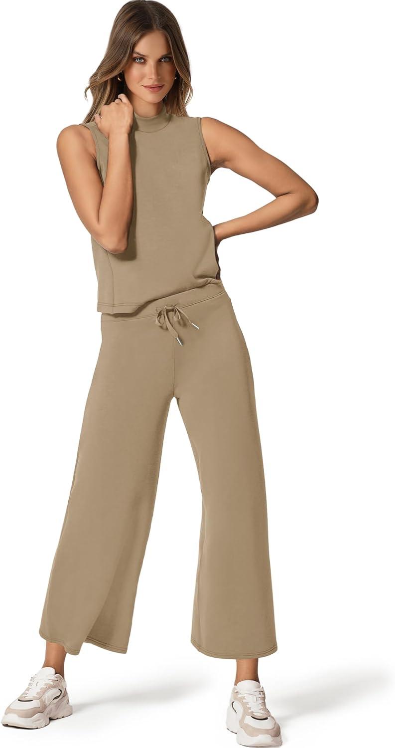 imageSAMPEEL Two Piece Sets for Women Summer Outfits Lounge Sets Mock Neck Tops Wide Leg Crop Pants Vacation Travel OutfitsLight Brown