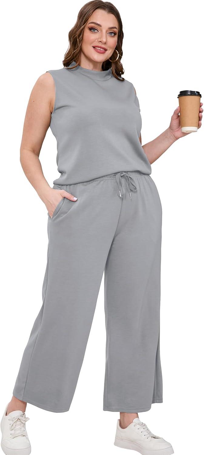 imageSAMPEEL Two Piece Sets for Women Summer Outfits Lounge Sets Mock Neck Tops Wide Leg Crop Pants Vacation Travel OutfitsLight Gray