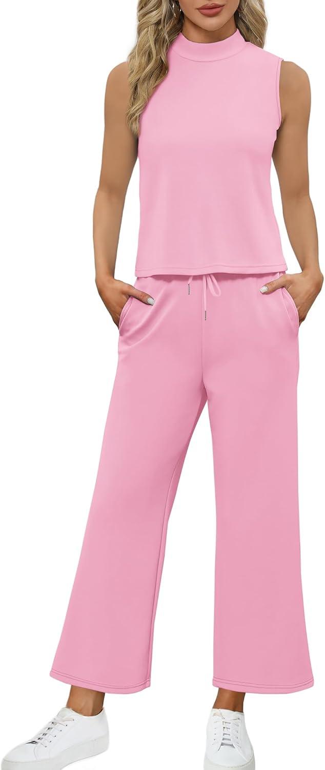 imageSAMPEEL Two Piece Sets for Women Summer Outfits Lounge Sets Mock Neck Tops Wide Leg Crop Pants Vacation Travel OutfitsLight Pink