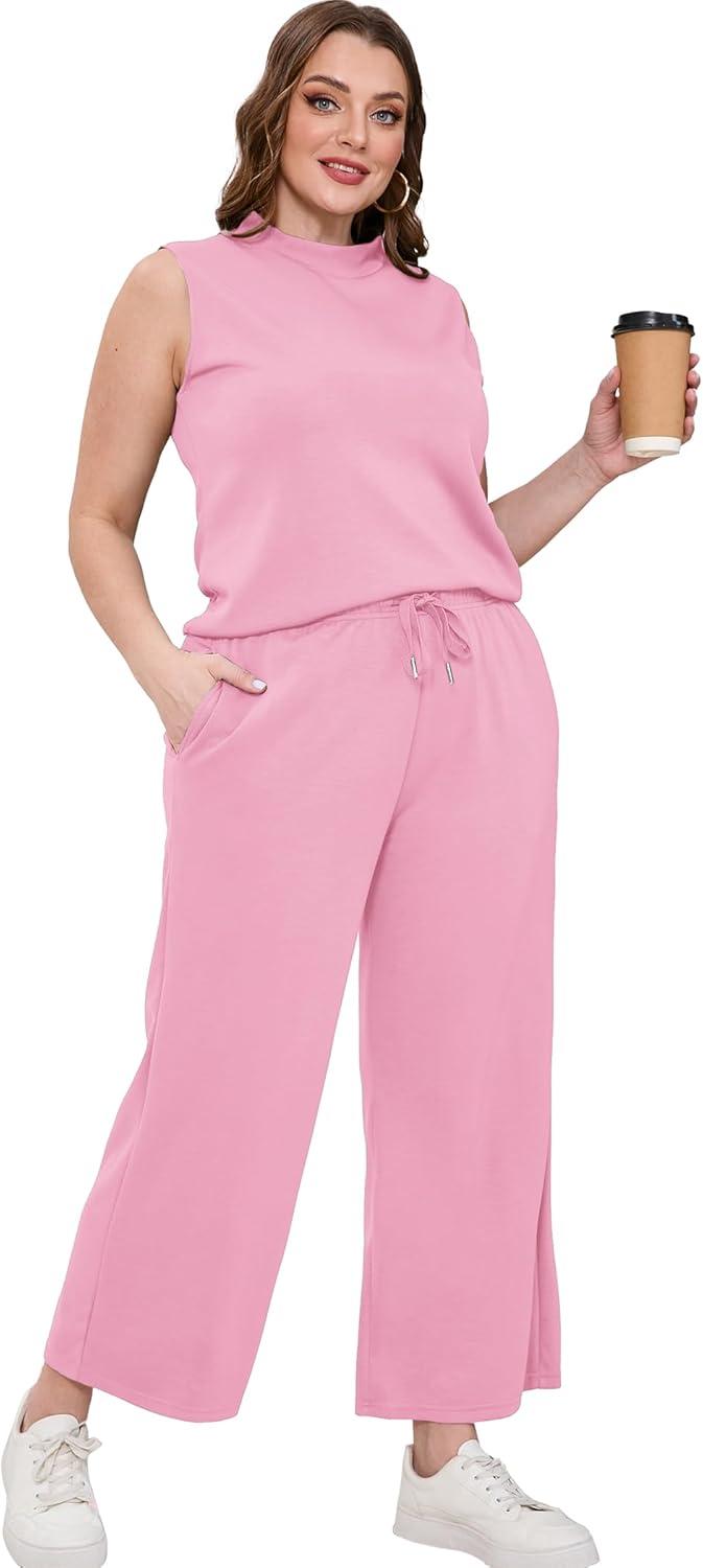 imageSAMPEEL Two Piece Sets for Women Summer Outfits Lounge Sets Mock Neck Tops Wide Leg Crop Pants Vacation Travel OutfitsLight Pink