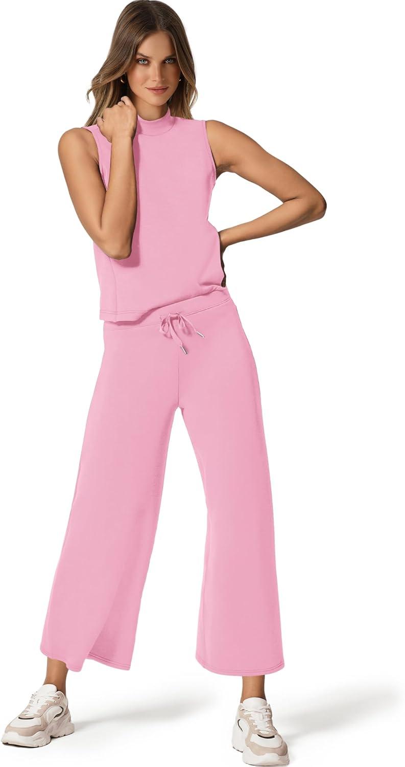 imageSAMPEEL Two Piece Sets for Women Summer Outfits Lounge Sets Mock Neck Tops Wide Leg Crop Pants Vacation Travel OutfitsLight Pink