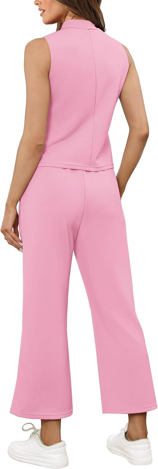 imageSAMPEEL Two Piece Sets for Women Summer Outfits Lounge Sets Mock Neck Tops Wide Leg Crop Pants Vacation Travel OutfitsLight Pink
