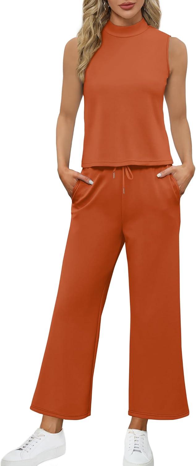 imageSAMPEEL Two Piece Sets for Women Summer Outfits Lounge Sets Mock Neck Tops Wide Leg Crop Pants Vacation Travel OutfitsOrange