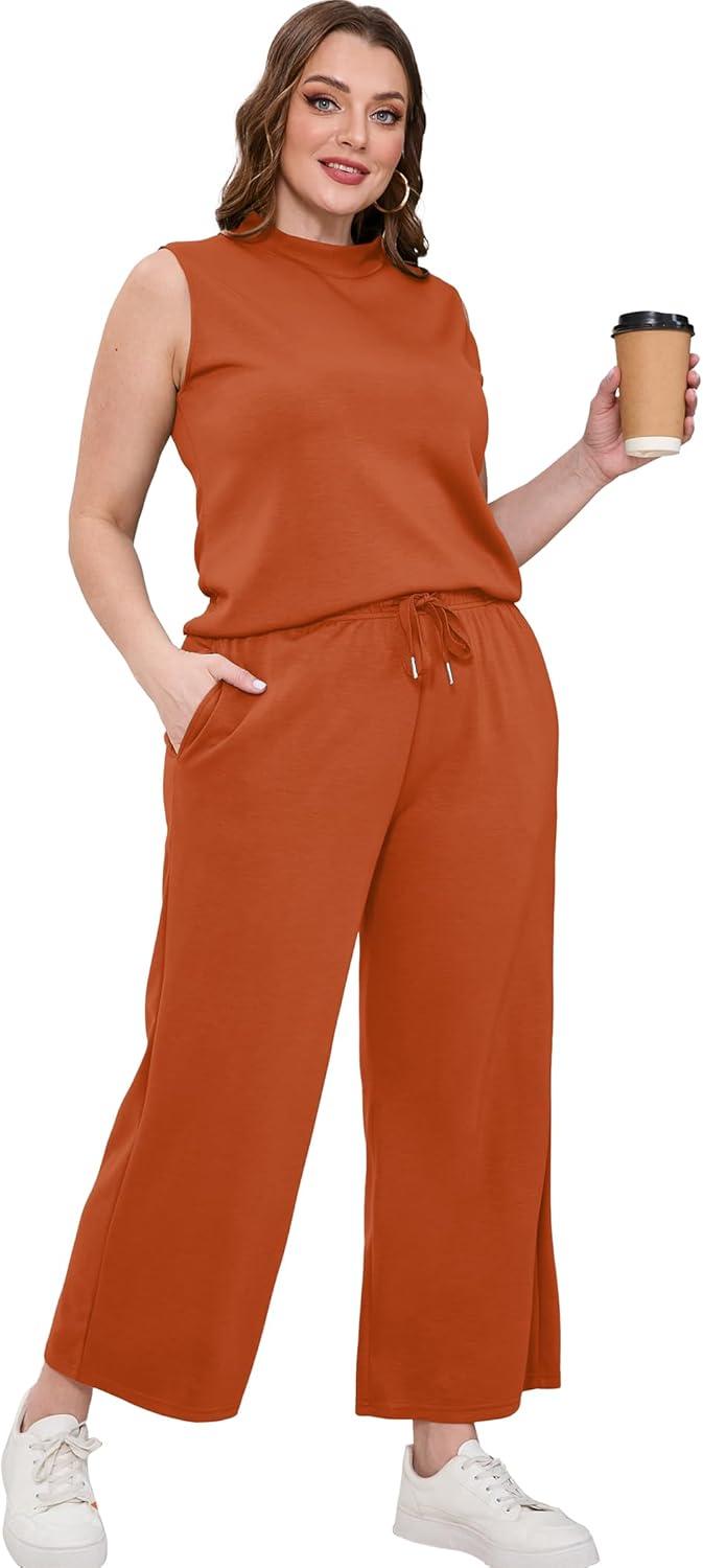 imageSAMPEEL Two Piece Sets for Women Summer Outfits Lounge Sets Mock Neck Tops Wide Leg Crop Pants Vacation Travel OutfitsOrange