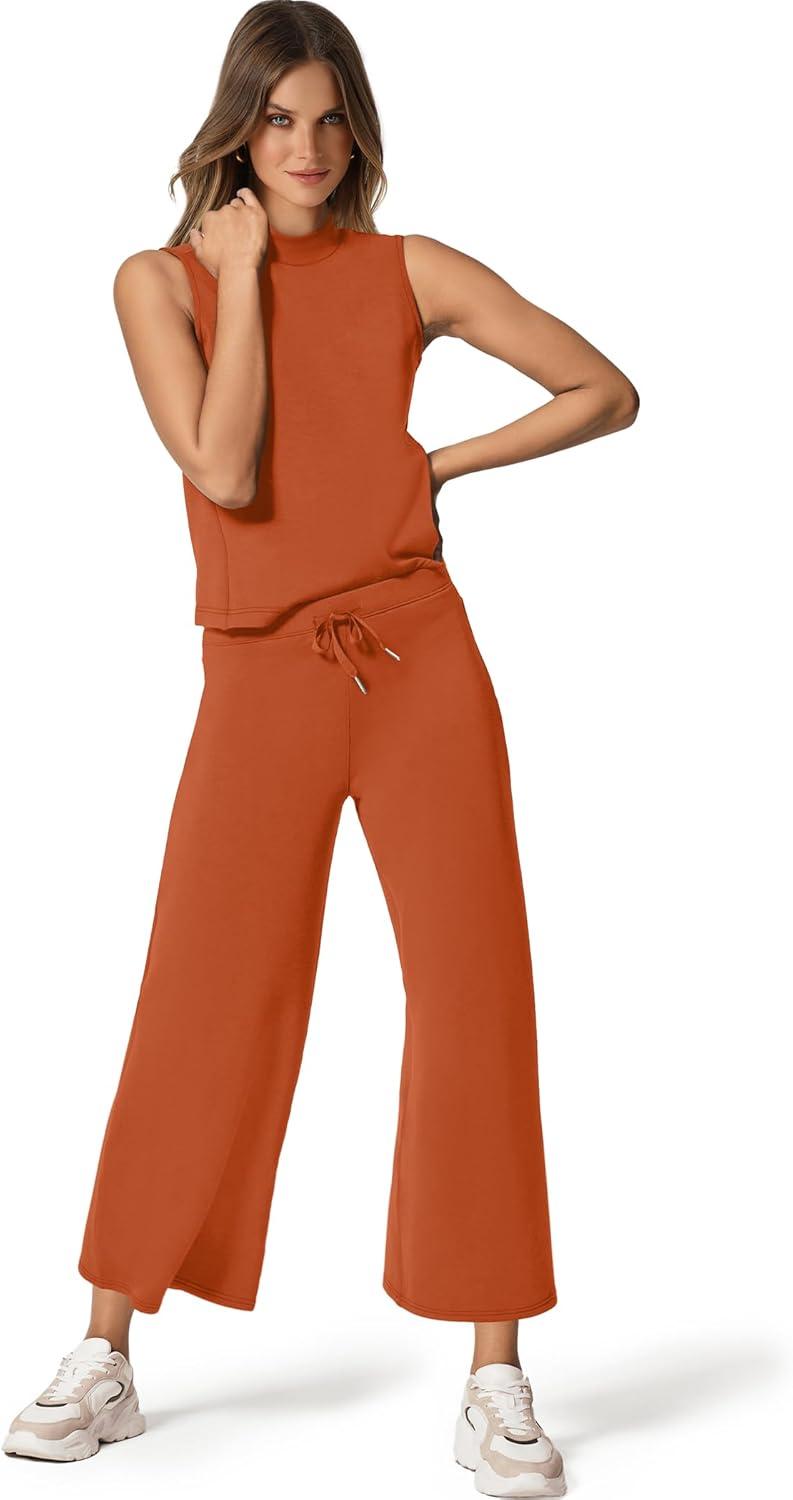 imageSAMPEEL Two Piece Sets for Women Summer Outfits Lounge Sets Mock Neck Tops Wide Leg Crop Pants Vacation Travel OutfitsOrange