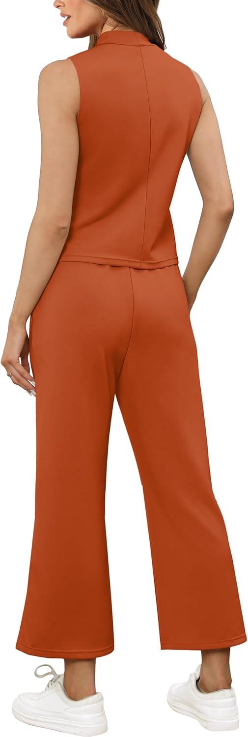 imageSAMPEEL Two Piece Sets for Women Summer Outfits Lounge Sets Mock Neck Tops Wide Leg Crop Pants Vacation Travel OutfitsOrange