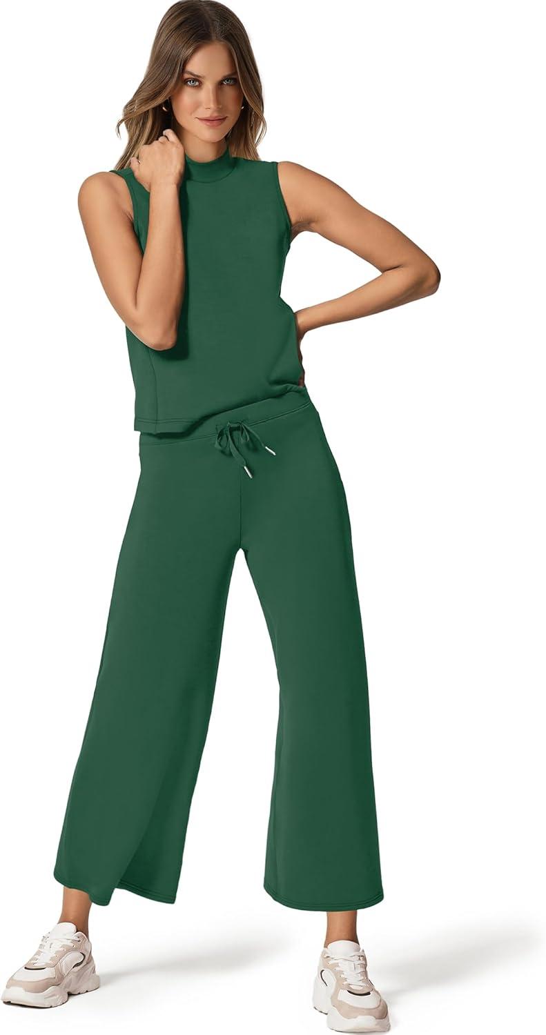 imageSAMPEEL Two Piece Sets for Women Summer Outfits Lounge Sets Mock Neck Tops Wide Leg Crop Pants Vacation Travel OutfitsPeacock Green