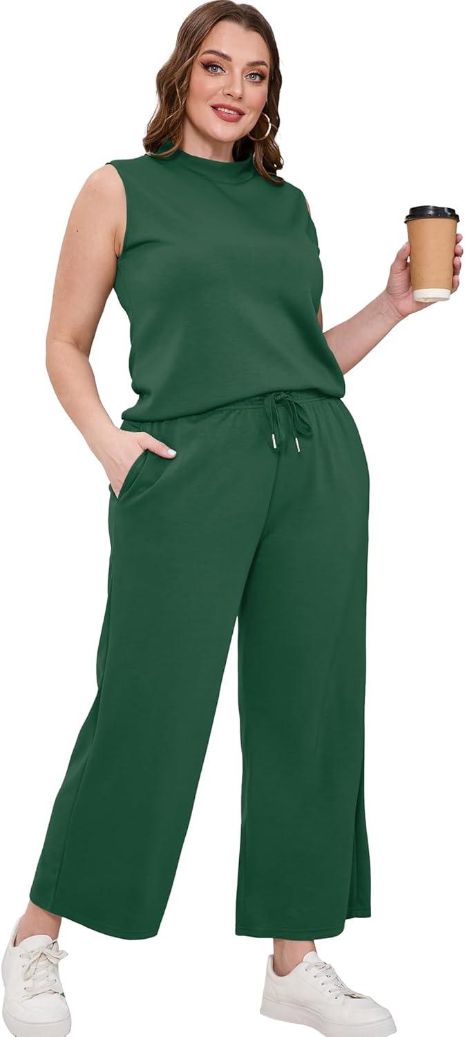 imageSAMPEEL Two Piece Sets for Women Summer Outfits Lounge Sets Mock Neck Tops Wide Leg Crop Pants Vacation Travel OutfitsPeacock Green