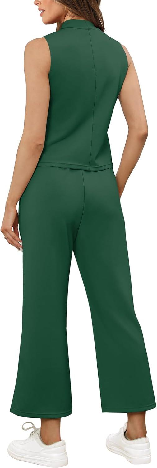 imageSAMPEEL Two Piece Sets for Women Summer Outfits Lounge Sets Mock Neck Tops Wide Leg Crop Pants Vacation Travel OutfitsPeacock Green
