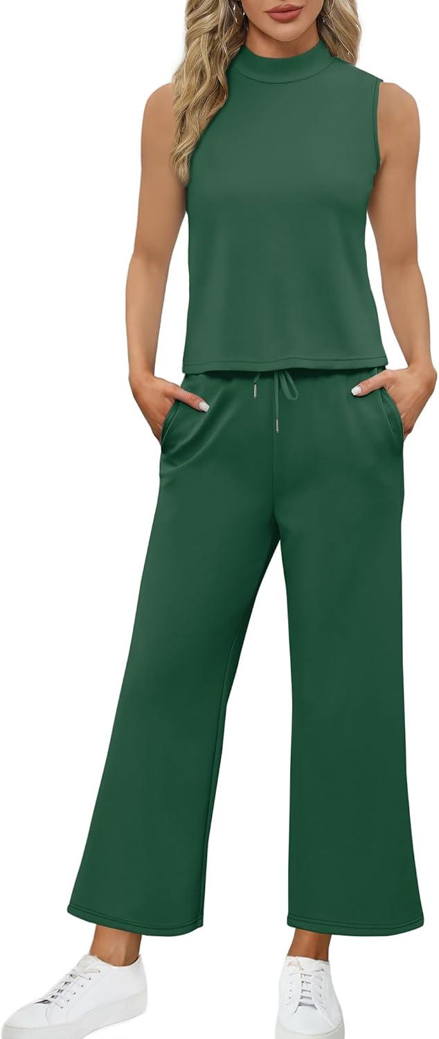 imageSAMPEEL Two Piece Sets for Women Summer Outfits Lounge Sets Mock Neck Tops Wide Leg Crop Pants Vacation Travel OutfitsPeacock Green