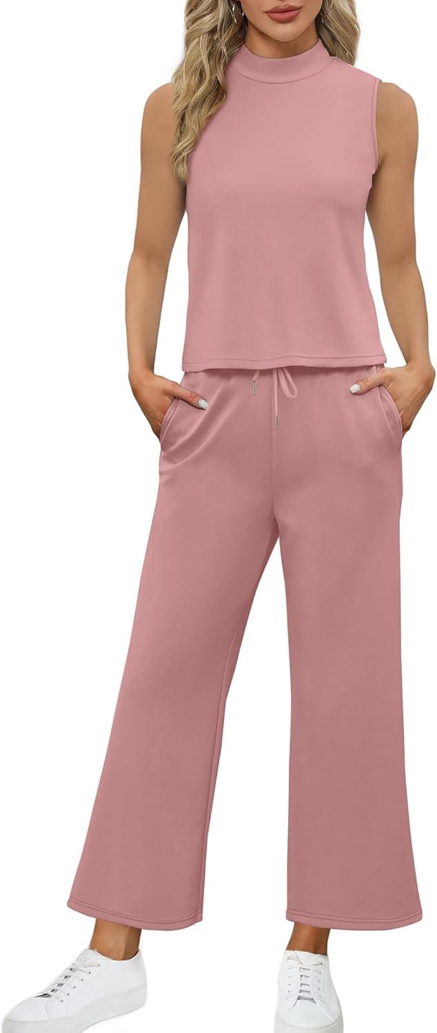 imageSAMPEEL Two Piece Sets for Women Summer Outfits Lounge Sets Mock Neck Tops Wide Leg Crop Pants Vacation Travel OutfitsPink