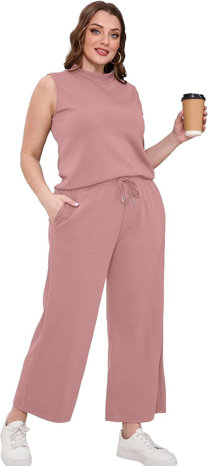 imageSAMPEEL Two Piece Sets for Women Summer Outfits Lounge Sets Mock Neck Tops Wide Leg Crop Pants Vacation Travel OutfitsPink