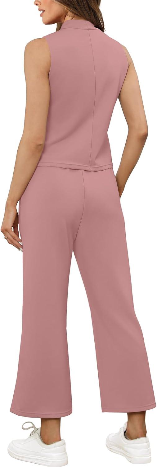 imageSAMPEEL Two Piece Sets for Women Summer Outfits Lounge Sets Mock Neck Tops Wide Leg Crop Pants Vacation Travel OutfitsPink