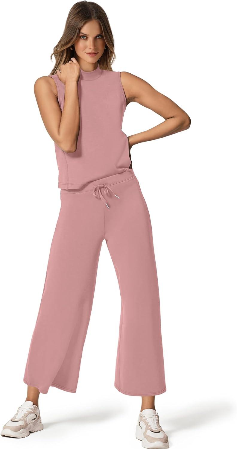 imageSAMPEEL Two Piece Sets for Women Summer Outfits Lounge Sets Mock Neck Tops Wide Leg Crop Pants Vacation Travel OutfitsPink