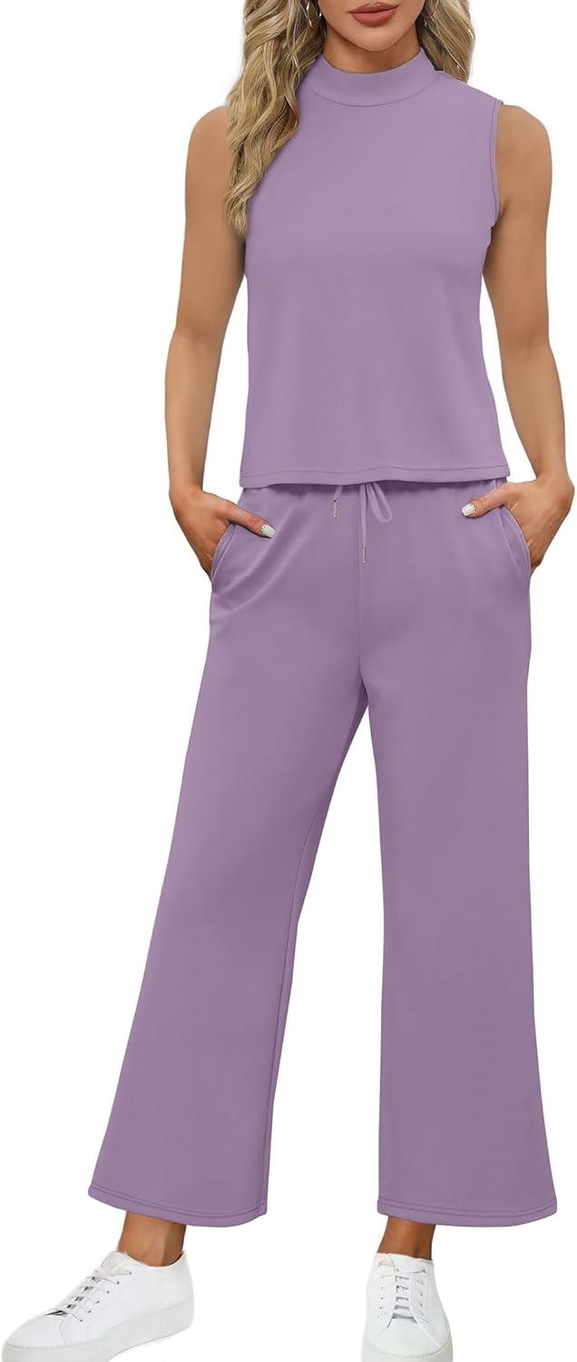 imageSAMPEEL Two Piece Sets for Women Summer Outfits Lounge Sets Mock Neck Tops Wide Leg Crop Pants Vacation Travel OutfitsPurple