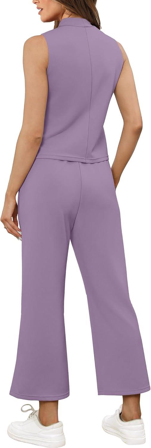 imageSAMPEEL Two Piece Sets for Women Summer Outfits Lounge Sets Mock Neck Tops Wide Leg Crop Pants Vacation Travel OutfitsPurple