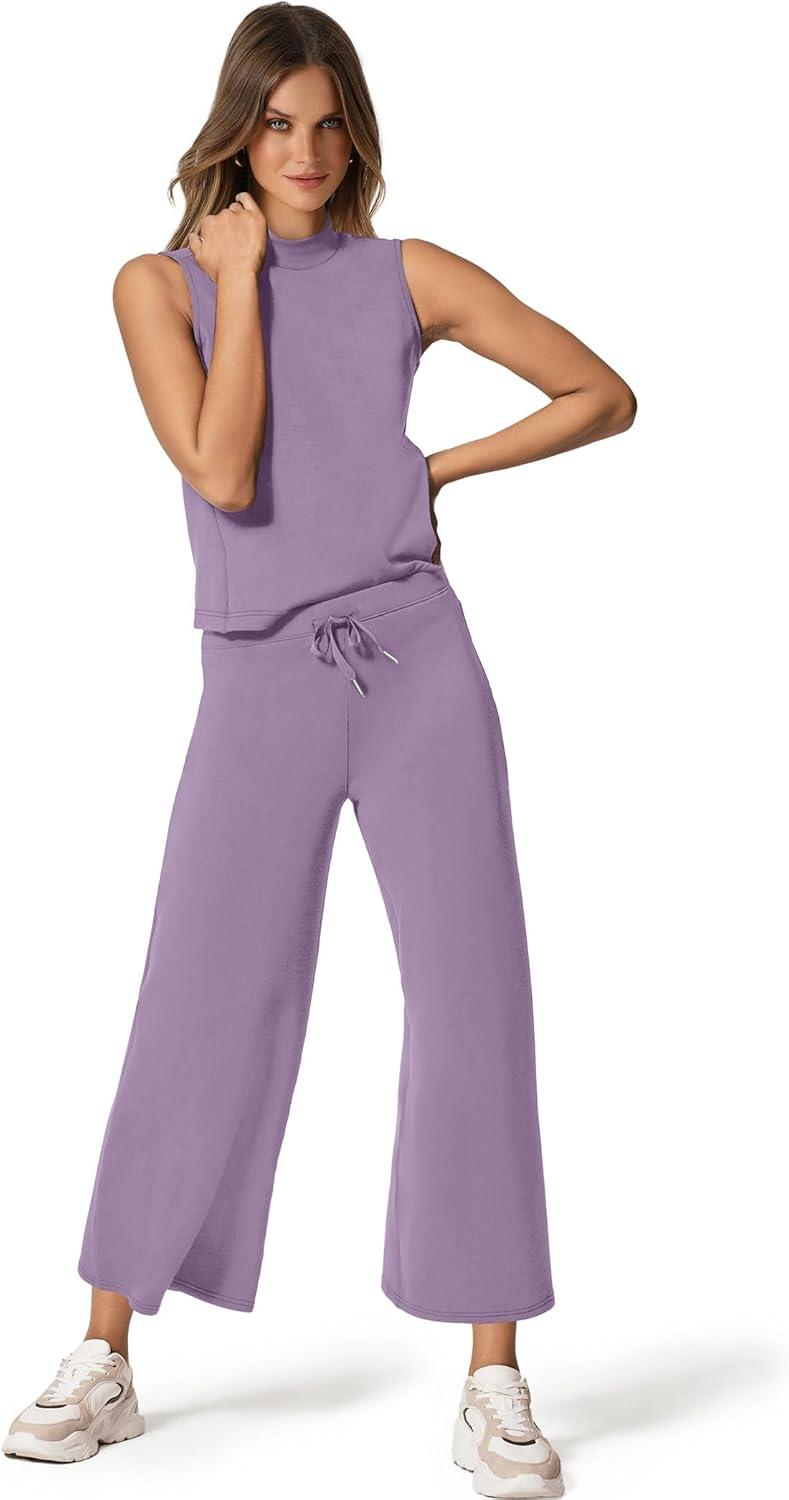 imageSAMPEEL Two Piece Sets for Women Summer Outfits Lounge Sets Mock Neck Tops Wide Leg Crop Pants Vacation Travel OutfitsPurple