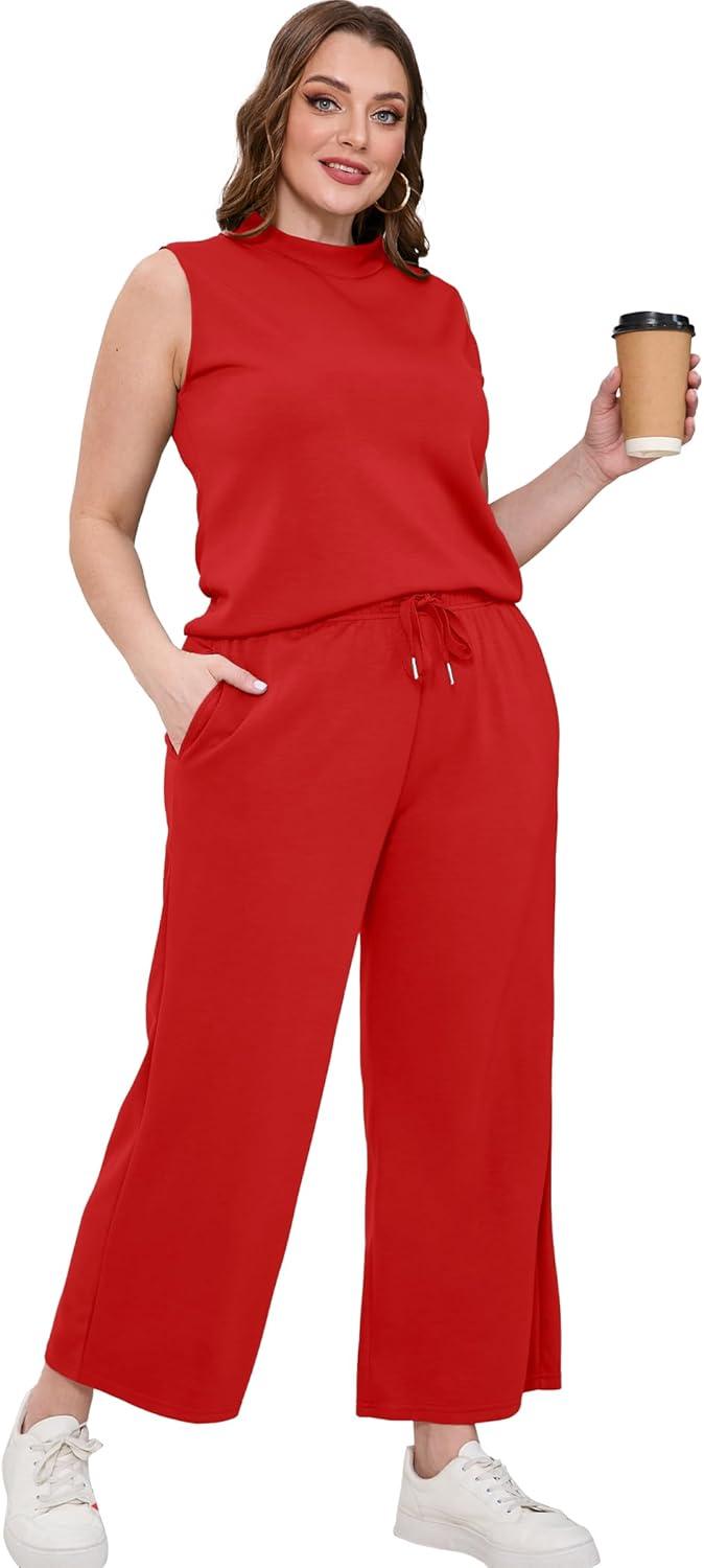 imageSAMPEEL Two Piece Sets for Women Summer Outfits Lounge Sets Mock Neck Tops Wide Leg Crop Pants Vacation Travel OutfitsRed