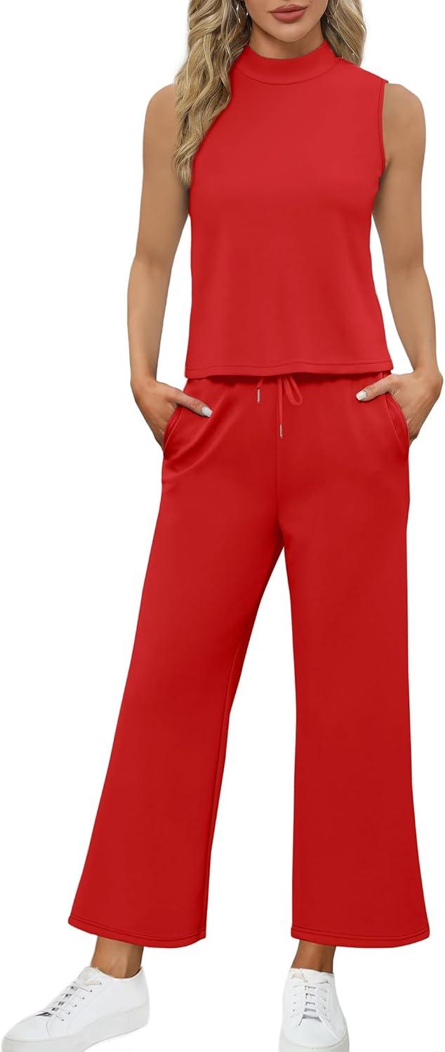imageSAMPEEL Two Piece Sets for Women Summer Outfits Lounge Sets Mock Neck Tops Wide Leg Crop Pants Vacation Travel OutfitsRed