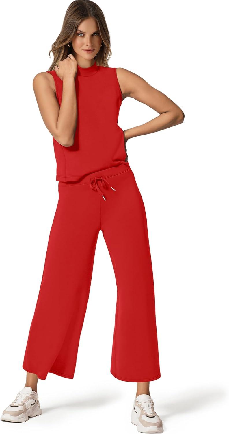 imageSAMPEEL Two Piece Sets for Women Summer Outfits Lounge Sets Mock Neck Tops Wide Leg Crop Pants Vacation Travel OutfitsRed
