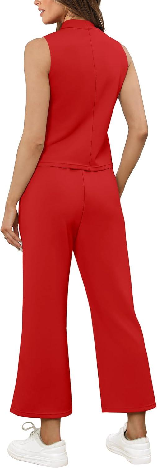 imageSAMPEEL Two Piece Sets for Women Summer Outfits Lounge Sets Mock Neck Tops Wide Leg Crop Pants Vacation Travel OutfitsRed