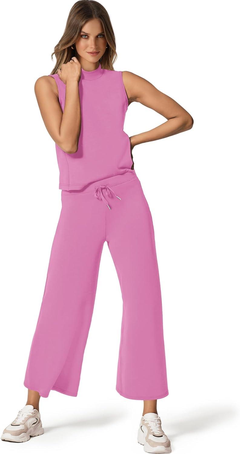 imageSAMPEEL Two Piece Sets for Women Summer Outfits Lounge Sets Mock Neck Tops Wide Leg Crop Pants Vacation Travel OutfitsRose Pink
