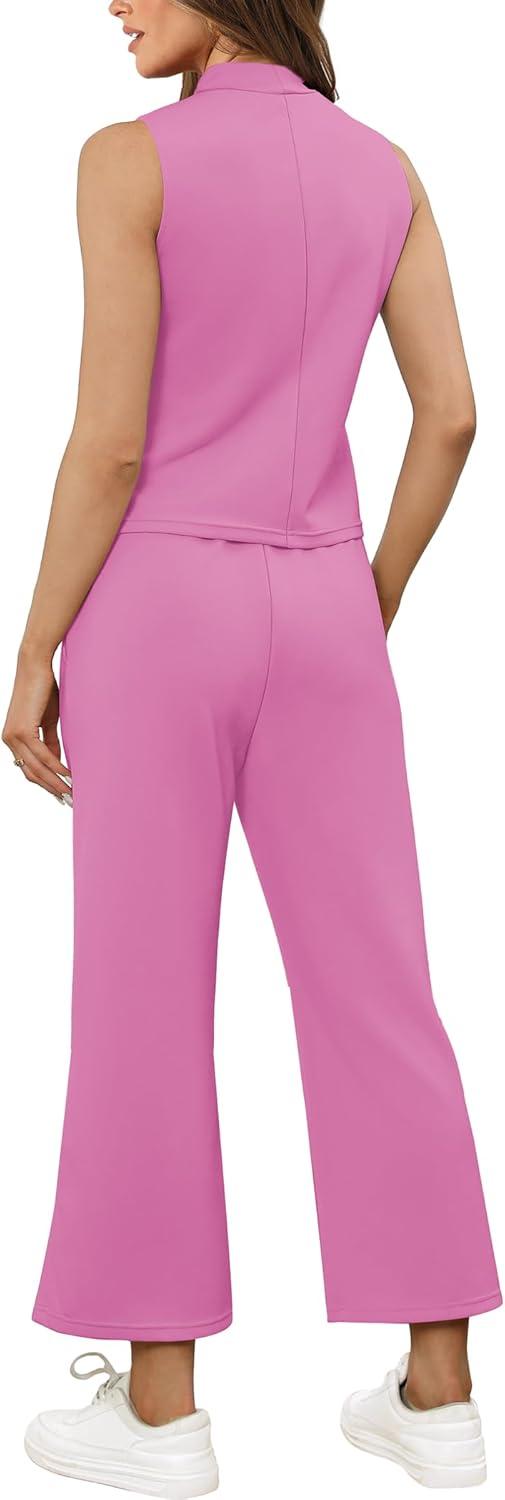 imageSAMPEEL Two Piece Sets for Women Summer Outfits Lounge Sets Mock Neck Tops Wide Leg Crop Pants Vacation Travel OutfitsRose Pink