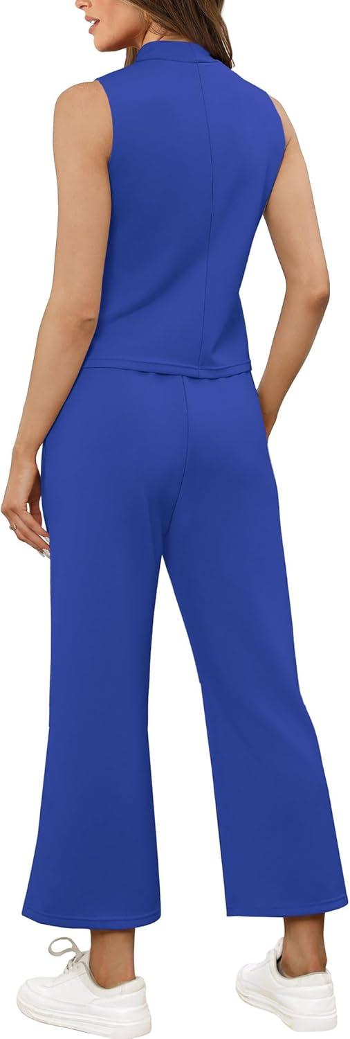 imageSAMPEEL Two Piece Sets for Women Summer Outfits Lounge Sets Mock Neck Tops Wide Leg Crop Pants Vacation Travel OutfitsRoyal Blue