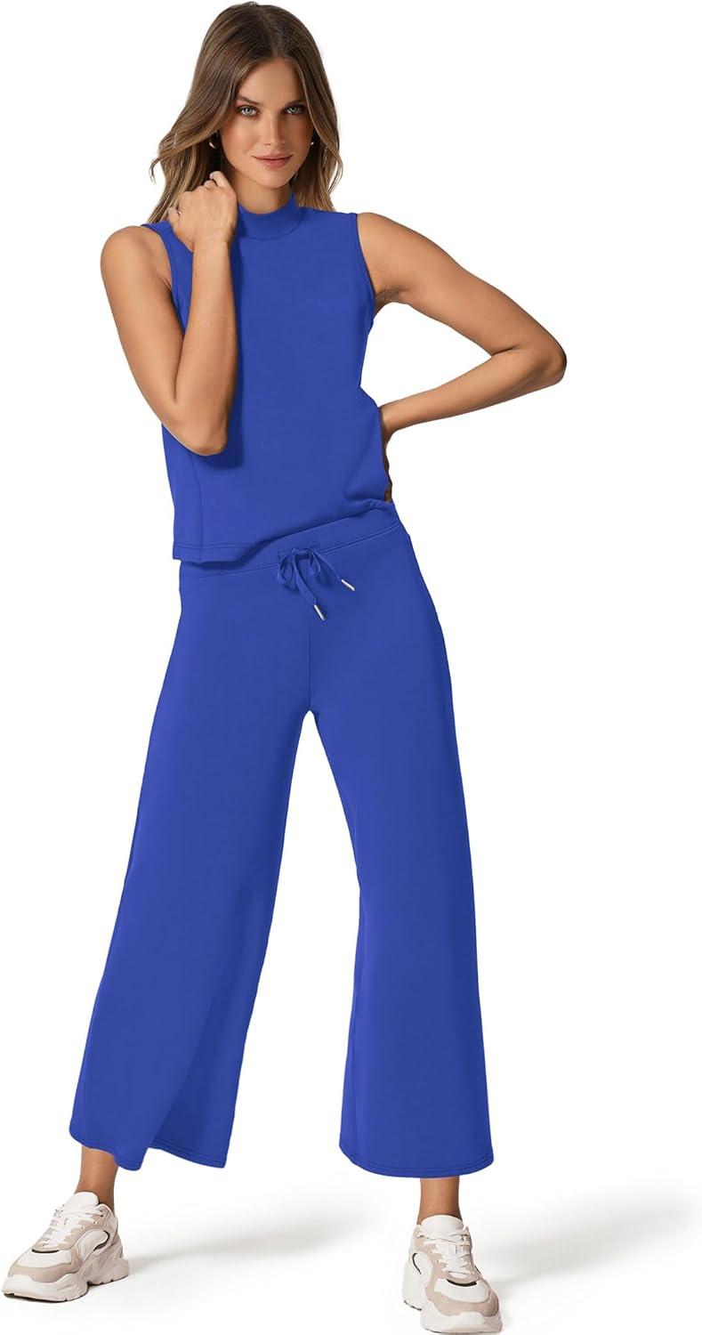 imageSAMPEEL Two Piece Sets for Women Summer Outfits Lounge Sets Mock Neck Tops Wide Leg Crop Pants Vacation Travel OutfitsRoyal Blue