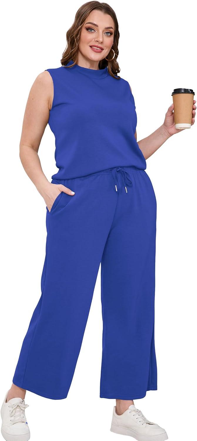 imageSAMPEEL Two Piece Sets for Women Summer Outfits Lounge Sets Mock Neck Tops Wide Leg Crop Pants Vacation Travel OutfitsRoyal Blue