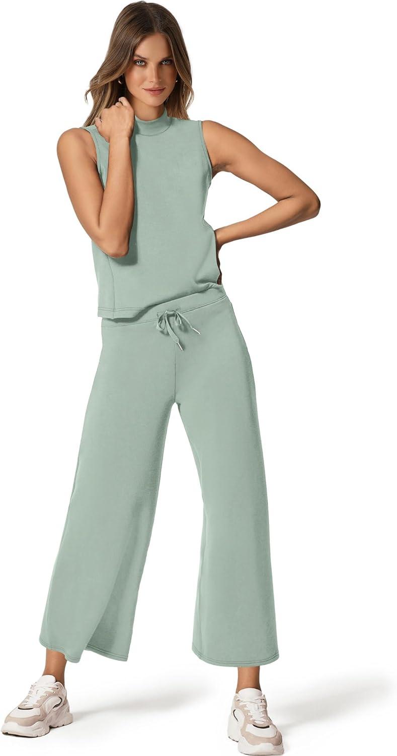 imageSAMPEEL Two Piece Sets for Women Summer Outfits Lounge Sets Mock Neck Tops Wide Leg Crop Pants Vacation Travel OutfitsSage Green