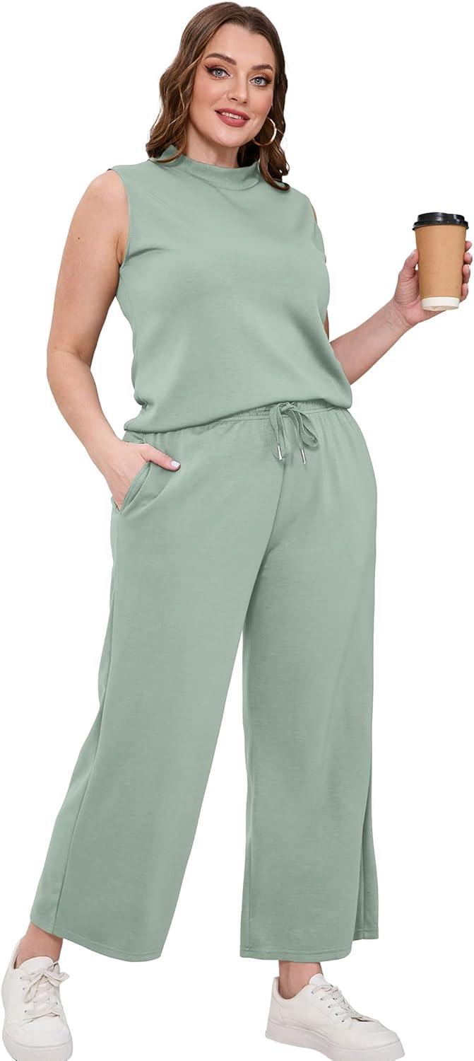 imageSAMPEEL Two Piece Sets for Women Summer Outfits Lounge Sets Mock Neck Tops Wide Leg Crop Pants Vacation Travel OutfitsSage Green