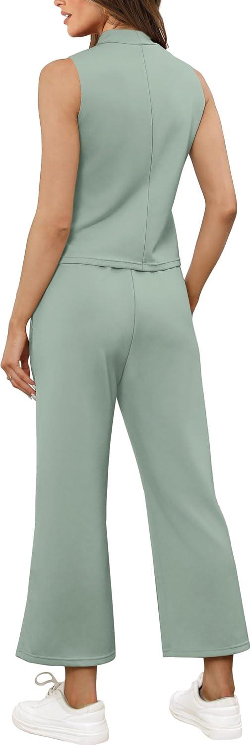 imageSAMPEEL Two Piece Sets for Women Summer Outfits Lounge Sets Mock Neck Tops Wide Leg Crop Pants Vacation Travel OutfitsSage Green