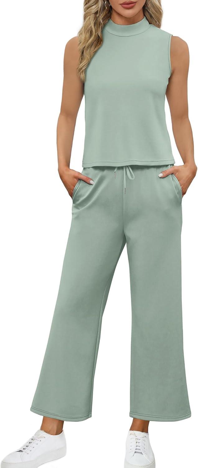 imageSAMPEEL Two Piece Sets for Women Summer Outfits Lounge Sets Mock Neck Tops Wide Leg Crop Pants Vacation Travel OutfitsSage Green