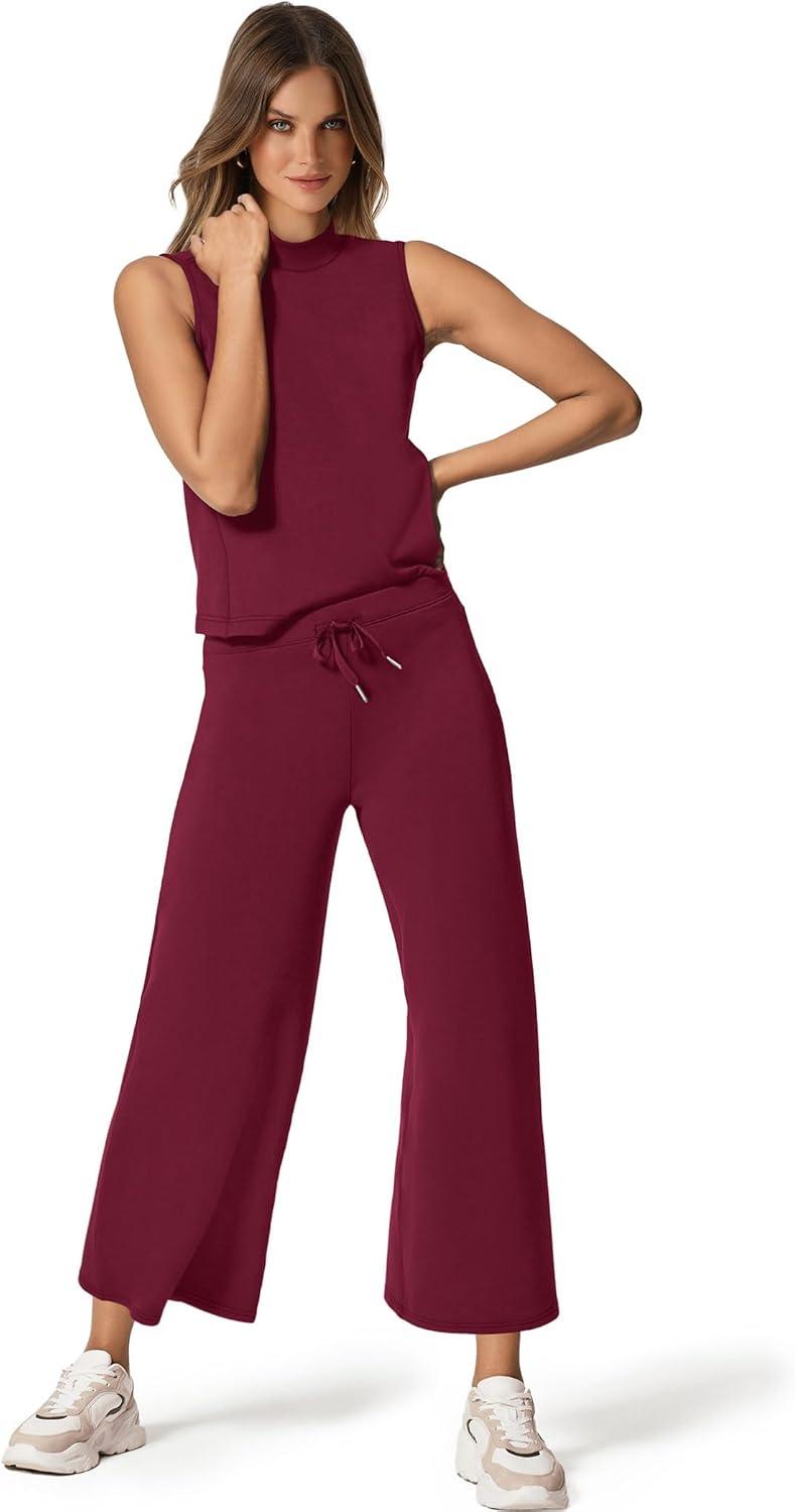 imageSAMPEEL Two Piece Sets for Women Summer Outfits Lounge Sets Mock Neck Tops Wide Leg Crop Pants Vacation Travel OutfitsWine Red