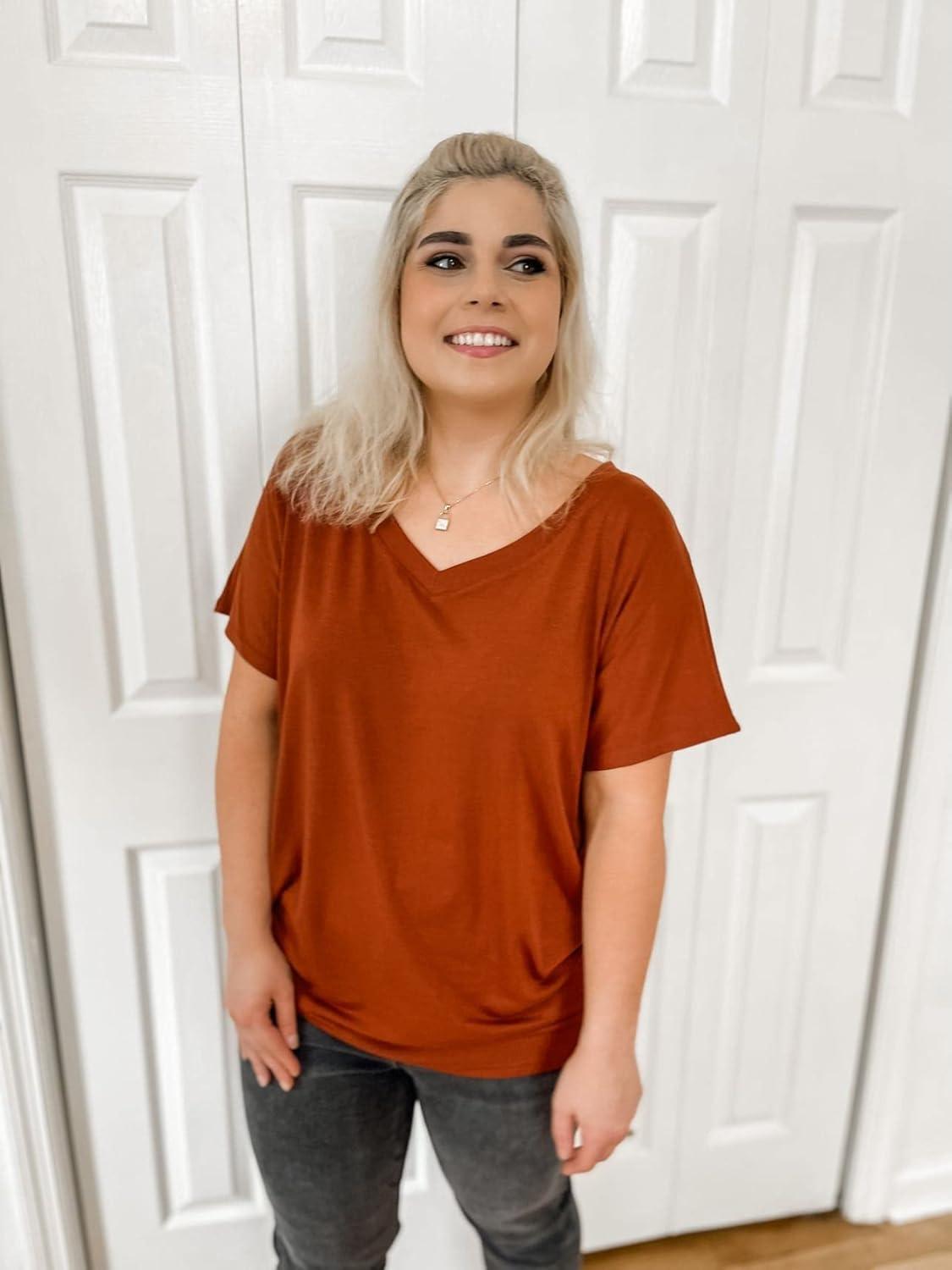 imageSAMPEEL Womens Summer Dolman Sleeve V Neck Casual Tops TshirtsCaramel