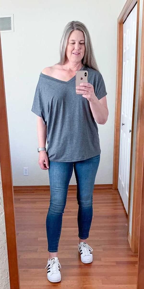 imageSAMPEEL Womens Summer Dolman Sleeve V Neck Casual Tops TshirtsDark Grey