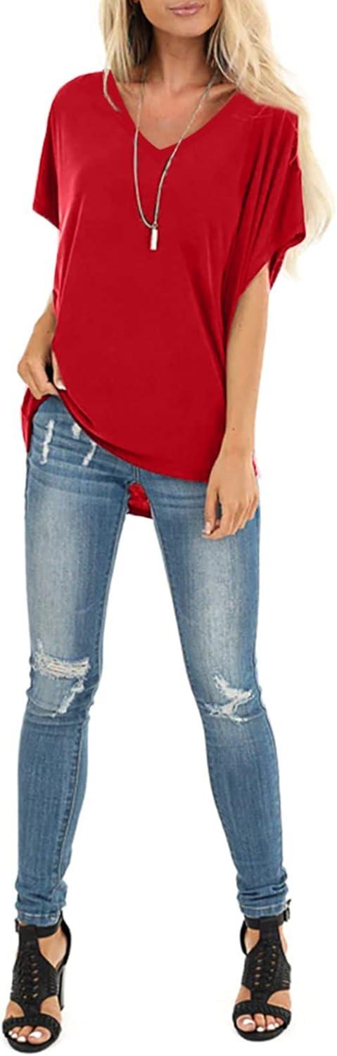 imageSAMPEEL Womens Summer Dolman Sleeve V Neck Casual Tops TshirtsRed