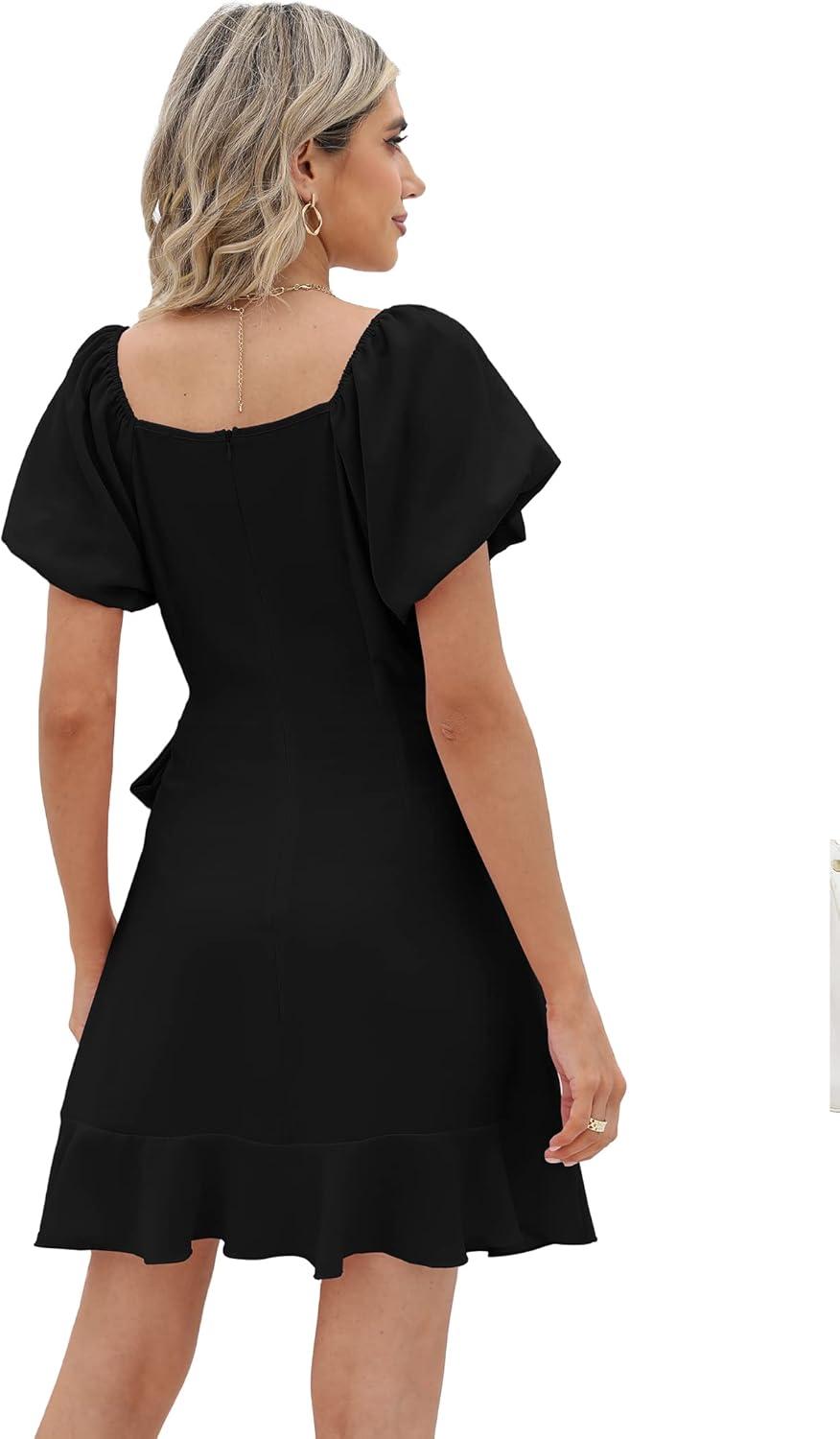 imageSAMPEEL Womens Summer Dresses Square Neck Puff Sleeve Tie Waist Short DressBlack