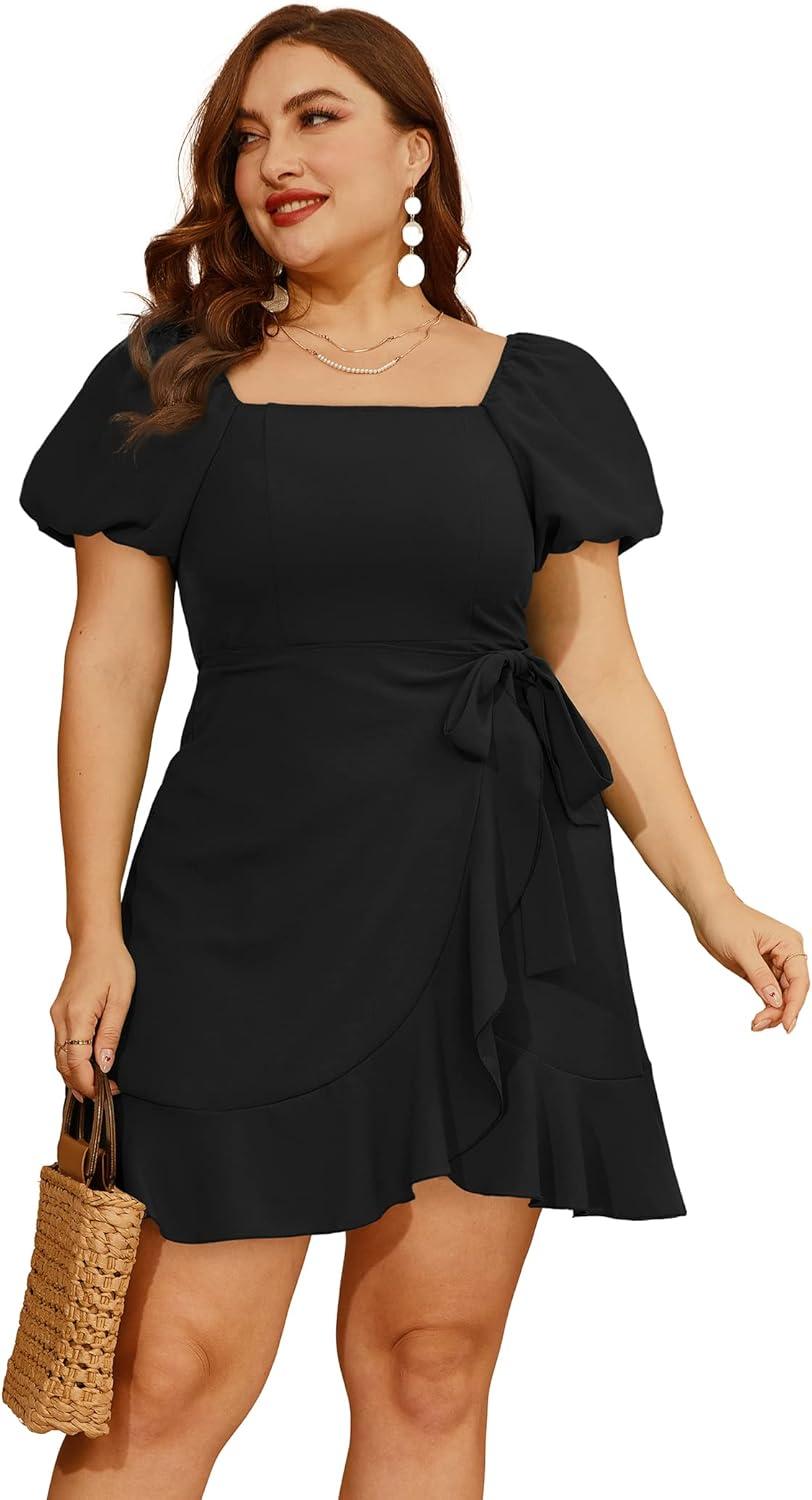 imageSAMPEEL Womens Summer Dresses Square Neck Puff Sleeve Tie Waist Short DressBlack