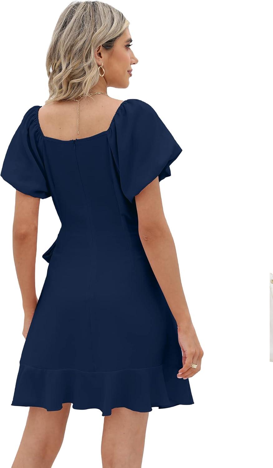 imageSAMPEEL Womens Summer Dresses Square Neck Puff Sleeve Tie Waist Short DressBlue