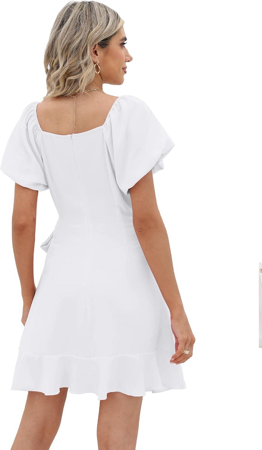 imageSAMPEEL Womens Summer Dresses Square Neck Puff Sleeve Tie Waist Short DressClassic White
