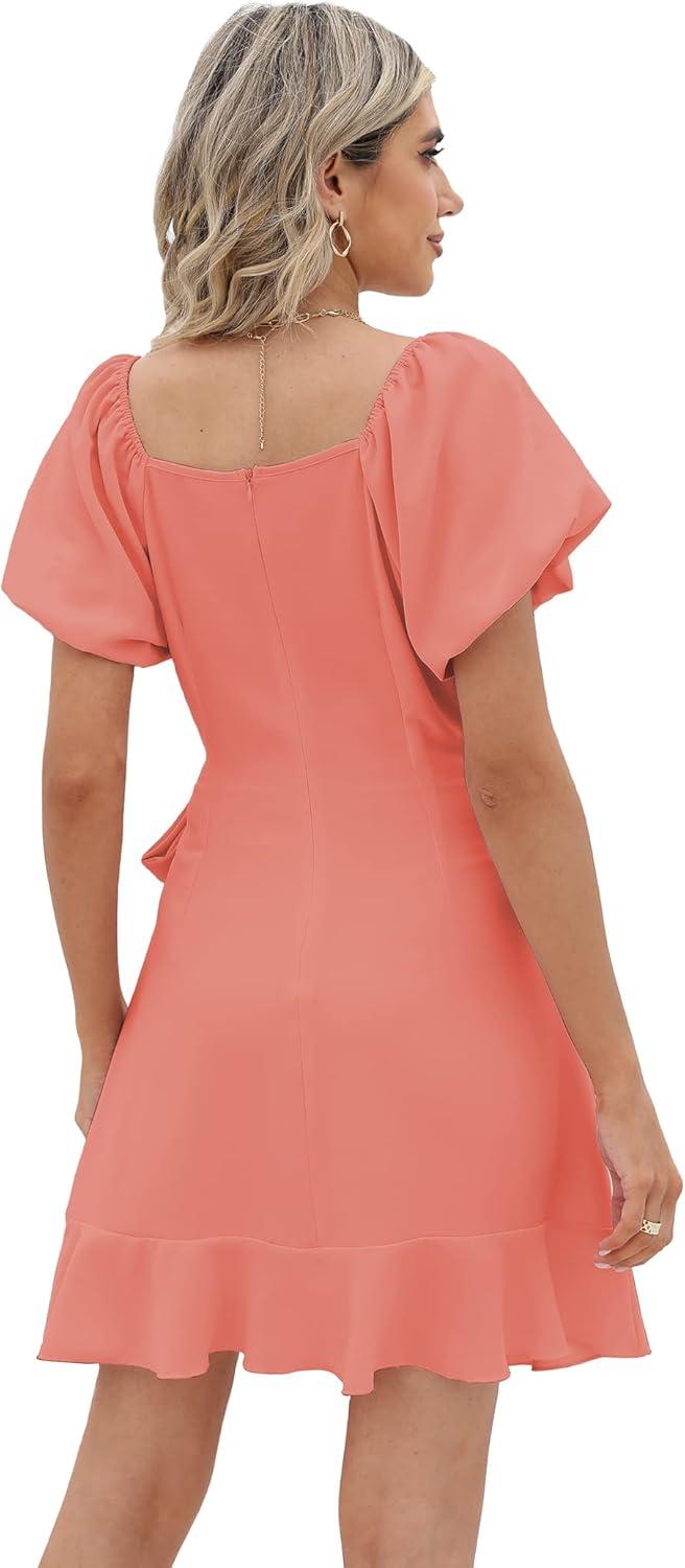 imageSAMPEEL Womens Summer Dresses Square Neck Puff Sleeve Tie Waist Short DressCoral