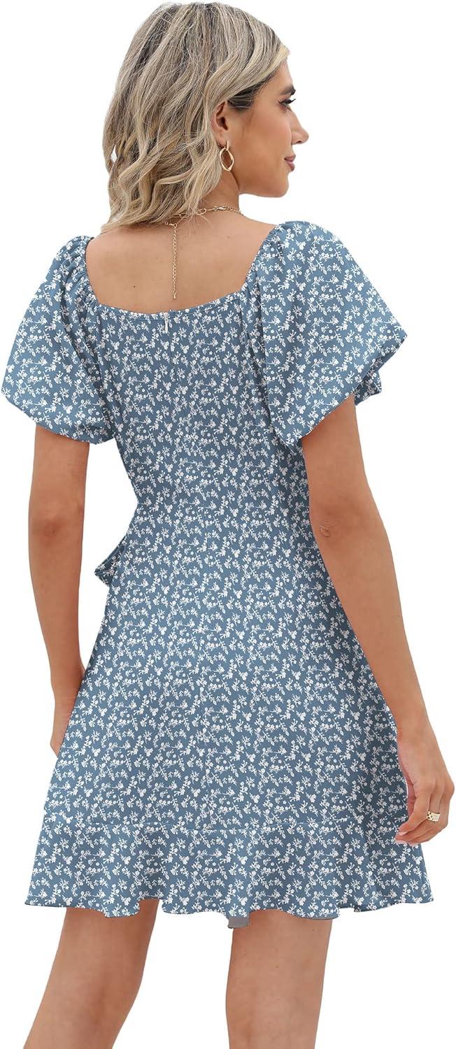 imageSAMPEEL Womens Summer Dresses Square Neck Puff Sleeve Tie Waist Short DressFloral Blue