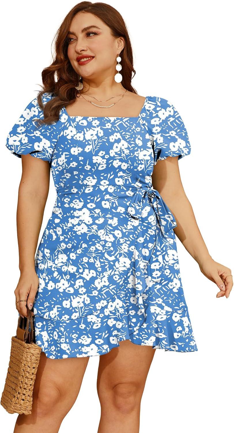 imageSAMPEEL Womens Summer Dresses Square Neck Puff Sleeve Tie Waist Short DressFloral Blue White