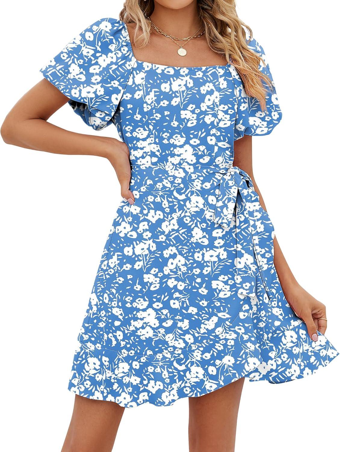 imageSAMPEEL Womens Summer Dresses Square Neck Puff Sleeve Tie Waist Short DressFloral Blue White