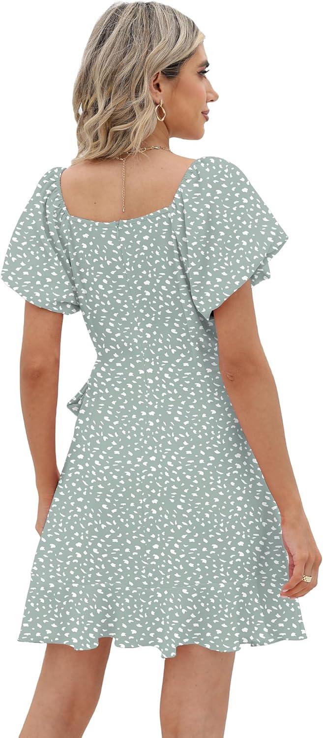 imageSAMPEEL Womens Summer Dresses Square Neck Puff Sleeve Tie Waist Short DressFloral Green Dot