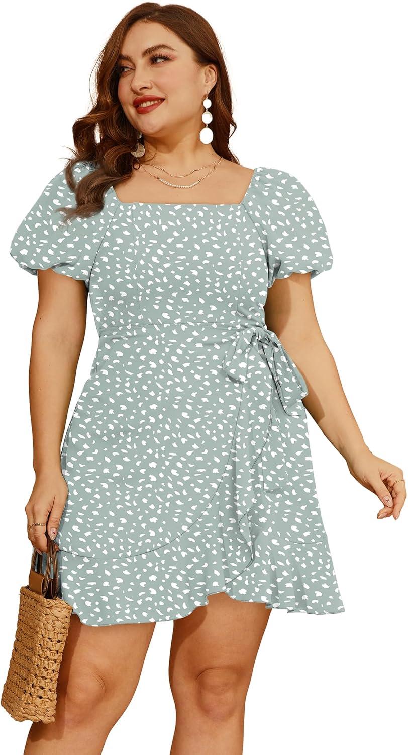 imageSAMPEEL Womens Summer Dresses Square Neck Puff Sleeve Tie Waist Short DressFloral Green Dot