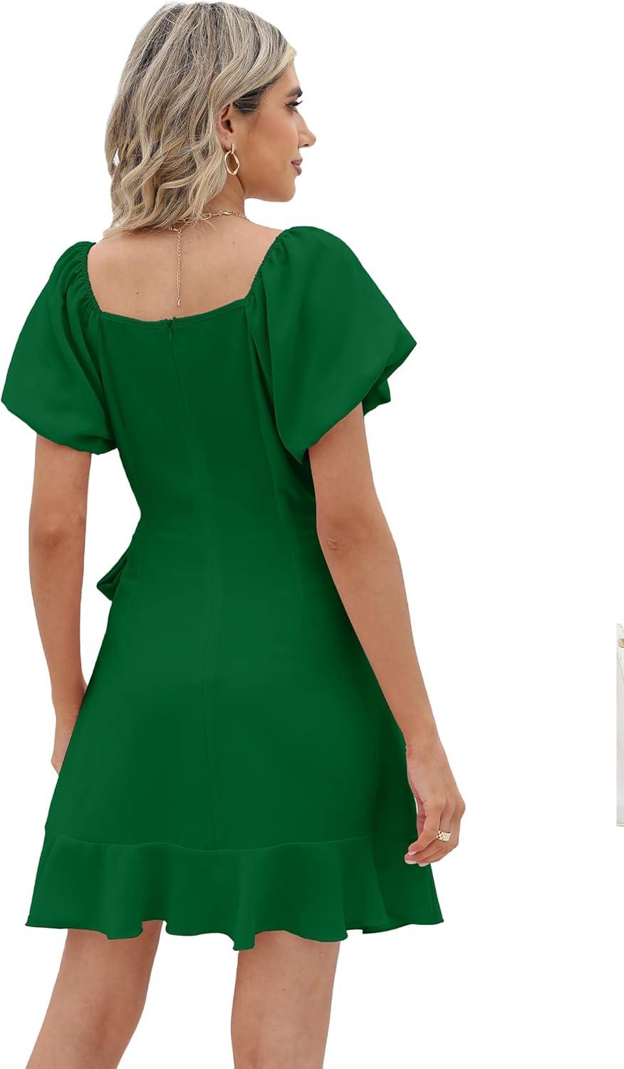 imageSAMPEEL Womens Summer Dresses Square Neck Puff Sleeve Tie Waist Short DressGreen