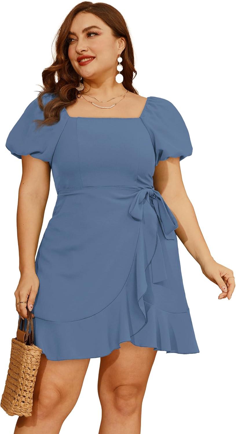 imageSAMPEEL Womens Summer Dresses Square Neck Puff Sleeve Tie Waist Short DressHaze Blue